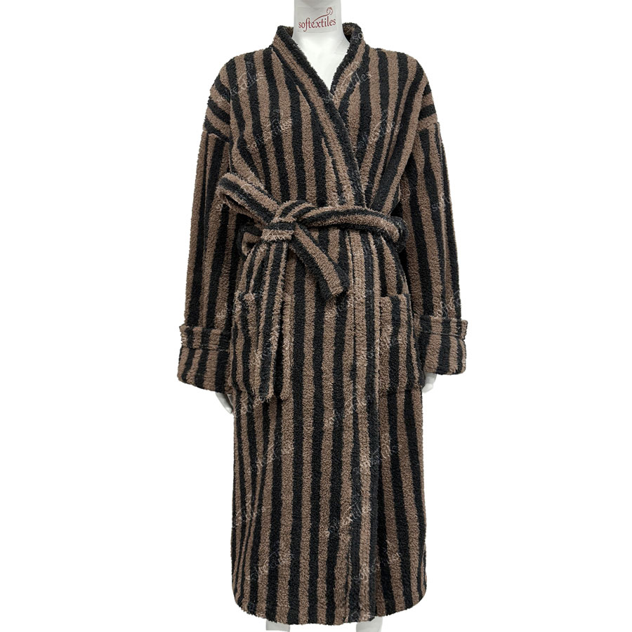 Plush Coffee Brown Striped Bathrobe - Front View, Polyester, Kimono, Brown, 300GSM, Image 4
