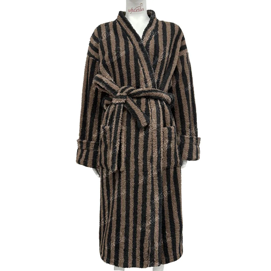 Plush coffee brown Striped bathrobe sleeve and body view, image 4, showing robe silhouette, fit impression, and overall styling.