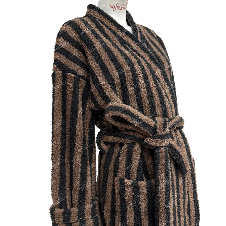 Plush Coffee Brown Striped Bathrobe - Right Side View, Polyester, Kimono, Brown, 300GSM, Image 5