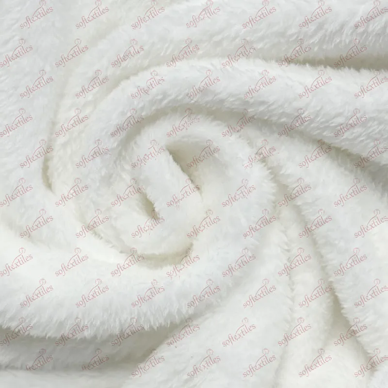Plush White Coral Fleece Bathrobe - Fabric Close-Up, Polyester, Shawl Collar, White, 300GSM, Image 2