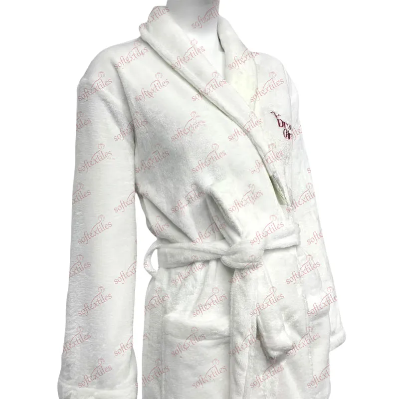 Plush White Coral Fleece Bathrobe - Three-Quarter Front View, Polyester, Shawl Collar, White, 300GSM, Image 7