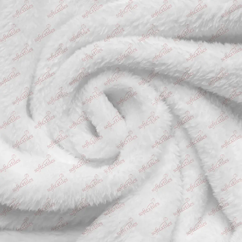 Plush White Coral Fleece Bathrobe - Fabric Close-Up, Polyester, Shawl Collar, White, 300GSM, Image 3