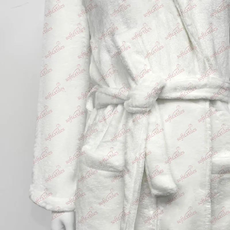 Plush White Coral Fleece Bathrobe - Detail View, Polyester, Shawl Collar, White, 300GSM, Image 5