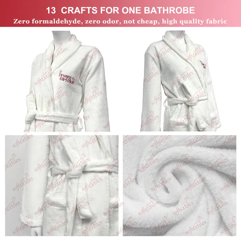Plush White Coral Fleece Bathrobe - Detail View, Polyester, Shawl Collar, White, 300GSM, Image 6