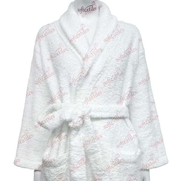 Plush White Polar Fleece Bathrobe - Front View, Polyester, Shawl Collar, White, 300GSM, Image 1