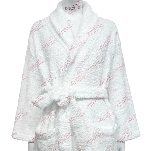 Plush White Polar Fleece Bathrobe - Front View, Polyester, Shawl Collar, White, 300GSM, Image 7