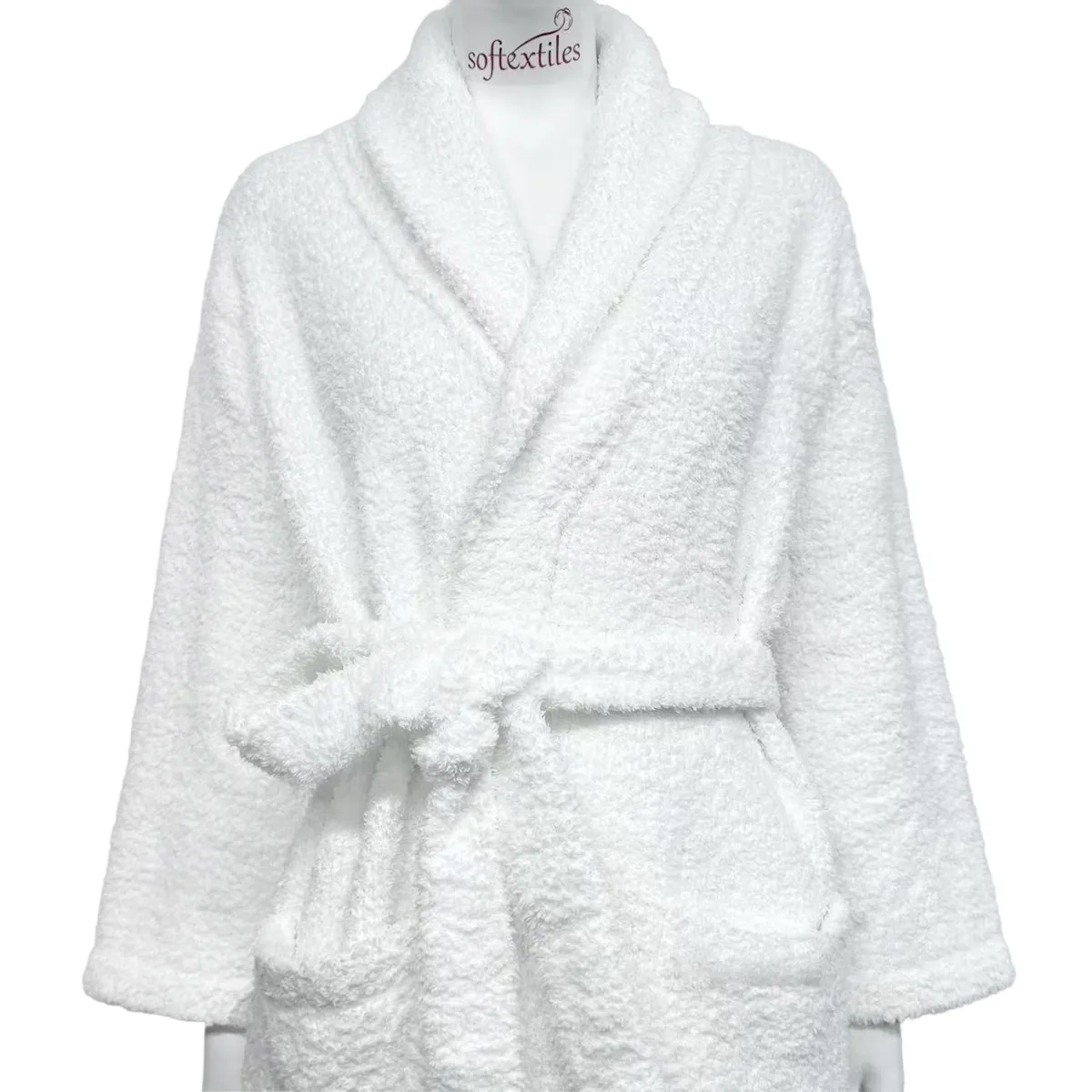 Plush White Polar Fleece Bathrobe - Front View, Polyester, Shawl Collar, White, 300GSM, Image 8