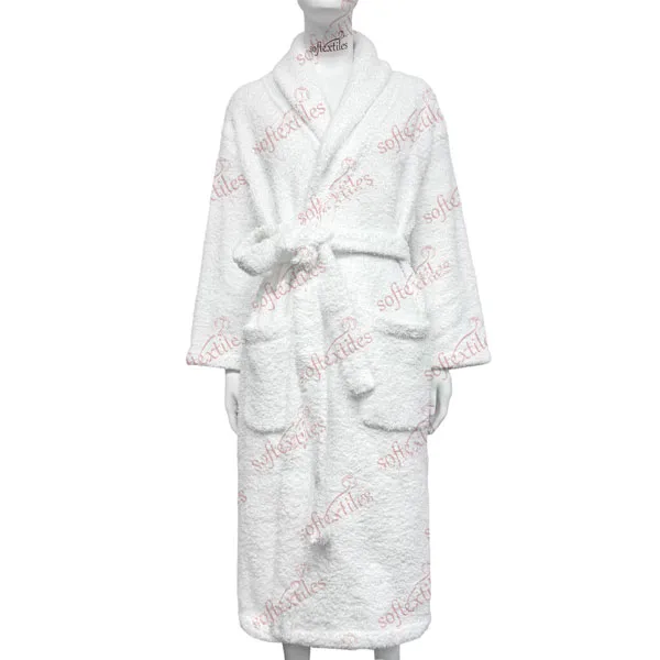 Plush White Polar Fleece Bathrobe - Front View, Polyester, Shawl Collar, White, 300GSM, Image 2