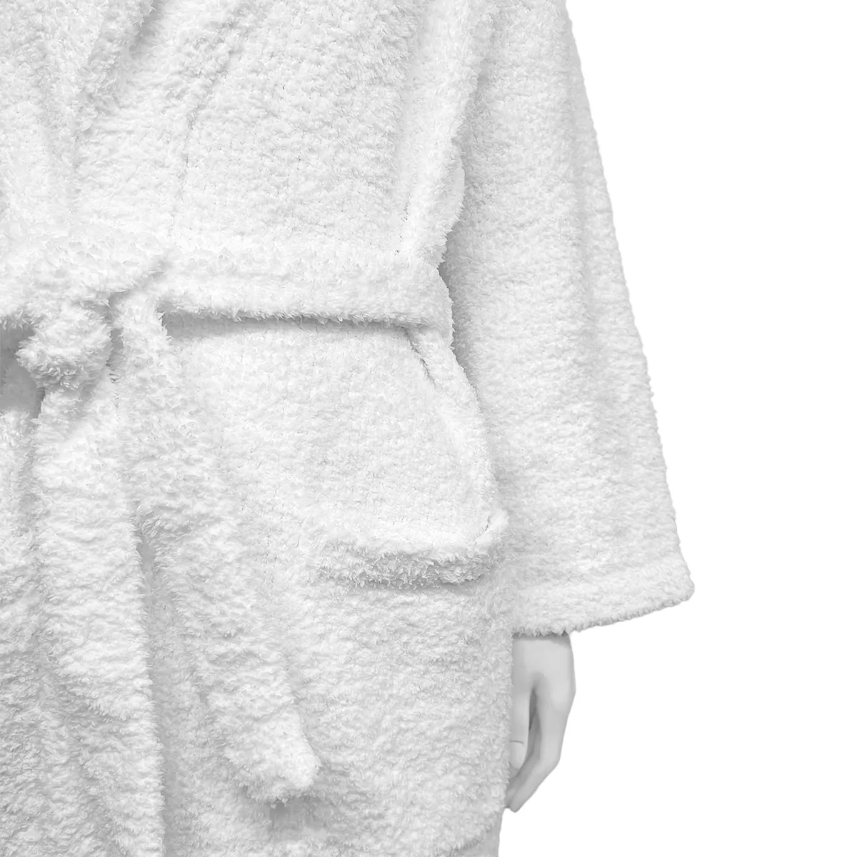 Plush White Polar Fleece Bathrobe - Detail View, Polyester, Shawl Collar, White, 300GSM, Image 4
