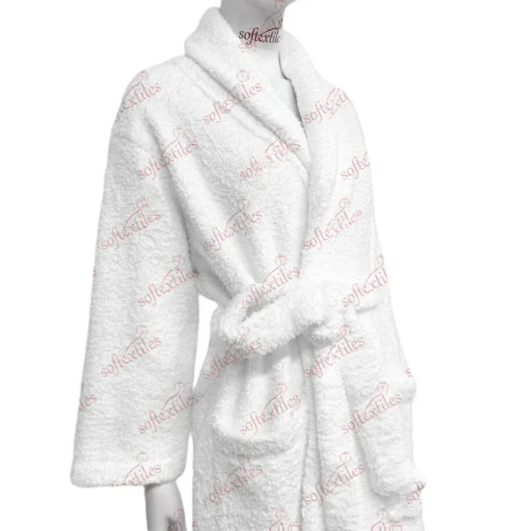 Plush White Polar Fleece Bathrobe - Left Side View, Polyester, Shawl Collar, White, 300GSM, Image 11