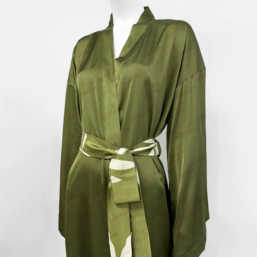 Green Ice Silk Bathrobe - Left Side View, Silk Like, Kimono, Green, 180GSM, Image 1