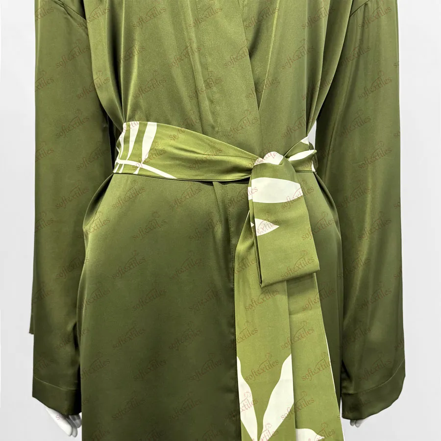 Green Ice Silk Bathrobe - Detail View, Silk Like, Kimono, Green, 180GSM, Image 2