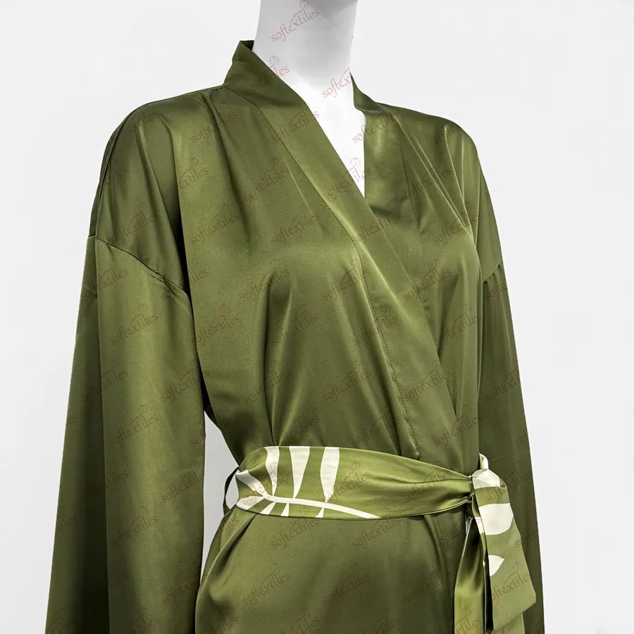 Green Ice Silk Bathrobe - Detail View, Silk Like, Kimono, Green, 180GSM, Image 3