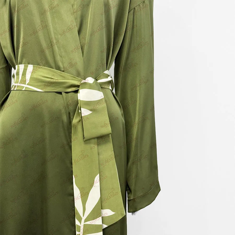 Green Ice Silk Bathrobe - Detail View, Silk Like, Kimono, Green, 180GSM, Image 4