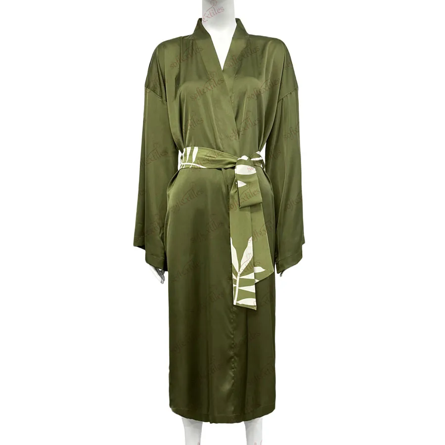 Green Ice Silk Bathrobe - Front View, Silk Like, Kimono, Green, 180GSM, Image 5