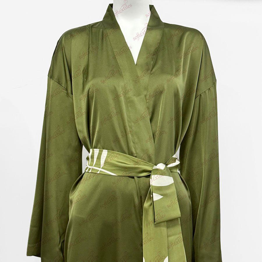 Green Ice Silk Bathrobe - Front View, Silk Like, Kimono, Green, 180GSM, Image 6