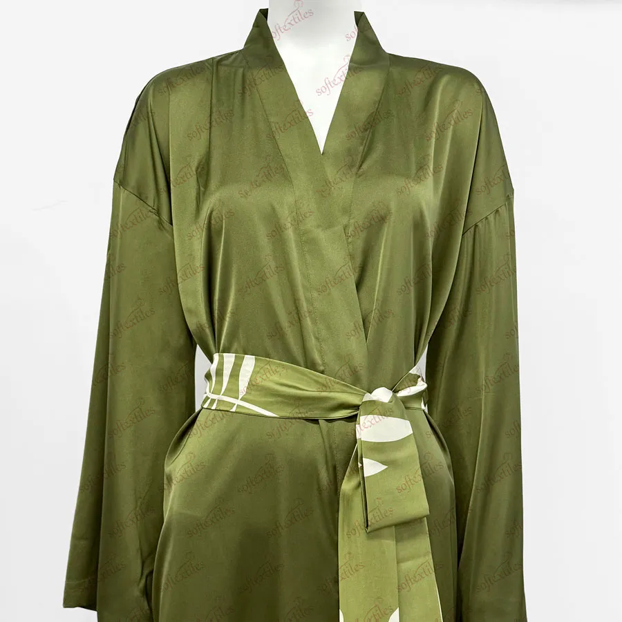 Green Ice Silk bathrobe trim detail, image 6, showing robe silhouette, fit impression, and overall styling.