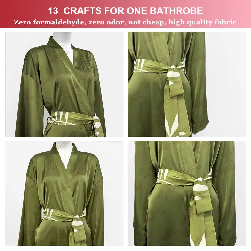 Green Ice Silk Bathrobe - Detail View, Silk Like, Kimono, Green, 180GSM, Image 7