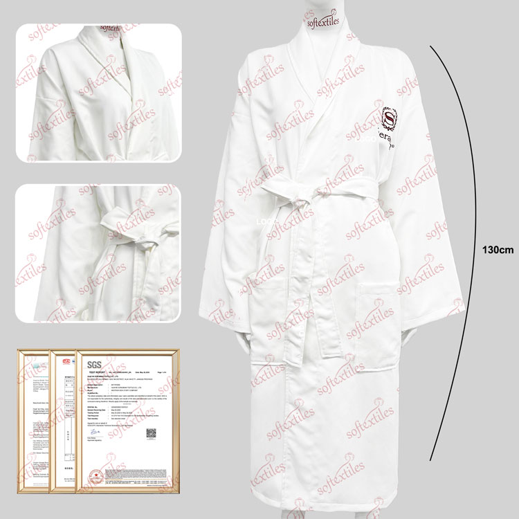 White Hilton Bathrobe - Front View, Polyester, Shawl Collar / Embroidered, White, 350GSM, Image 1