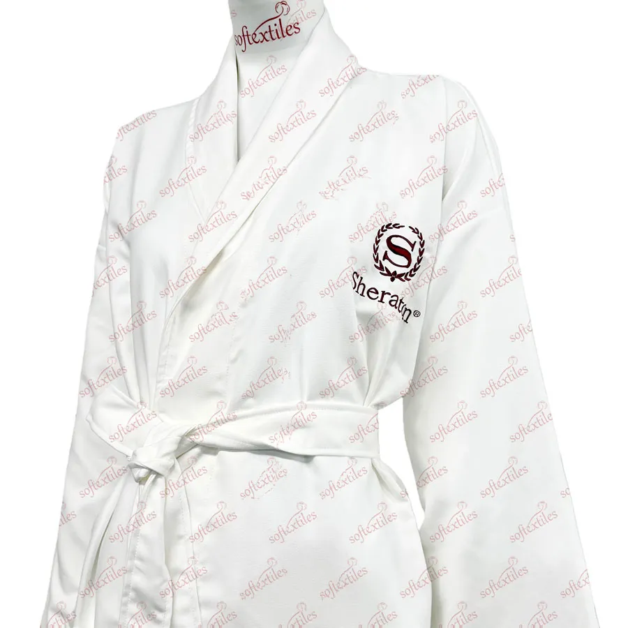 White Hilton Bathrobe - Right Side View, Polyester, Shawl Collar / Embroidered, White, 350GSM, Image 5
