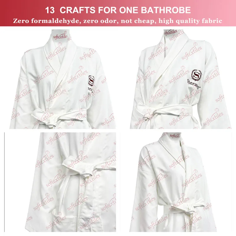White Hilton Bathrobe - Detail View, Polyester, Shawl Collar / Embroidered, White, 350GSM, Image 7