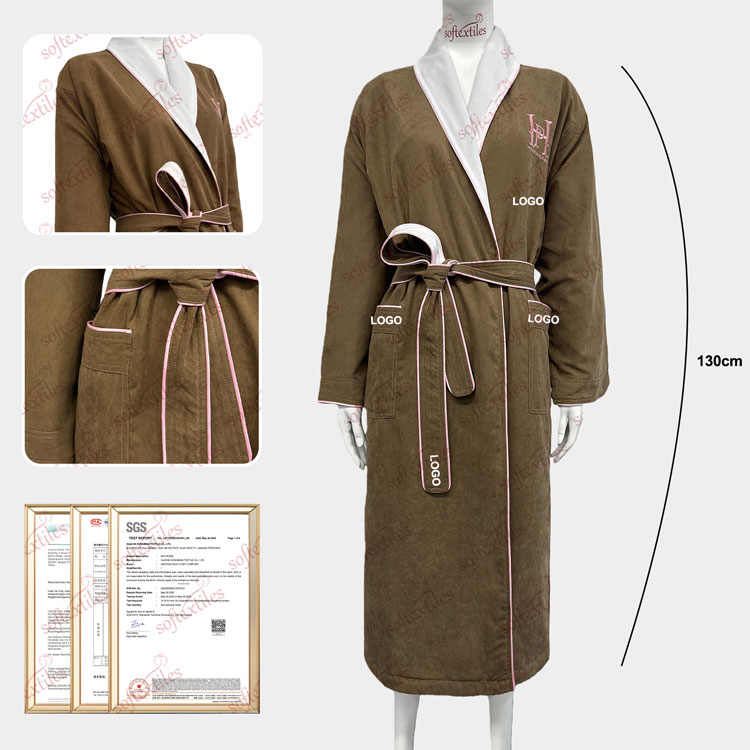 Brown Peach Skin Pink Striped Bathrobe - Front View, Polyester, Shawl Collar / Embroidered, Brown, 350GSM, Image 1