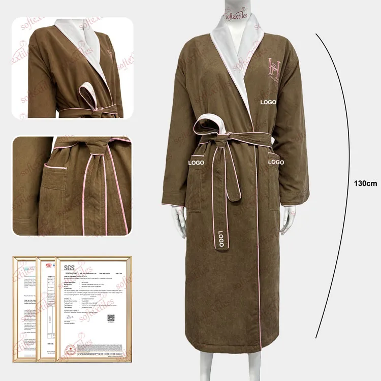 Brown Peach Skin Pink Striped bathrobe hero view, image 1, showing robe silhouette, fit impression, and overall styling.