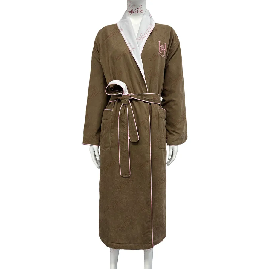 Brown Peach Skin Pink Striped Bathrobe - Front View, Polyester, Shawl Collar / Embroidered, Brown, 350GSM, Image 3