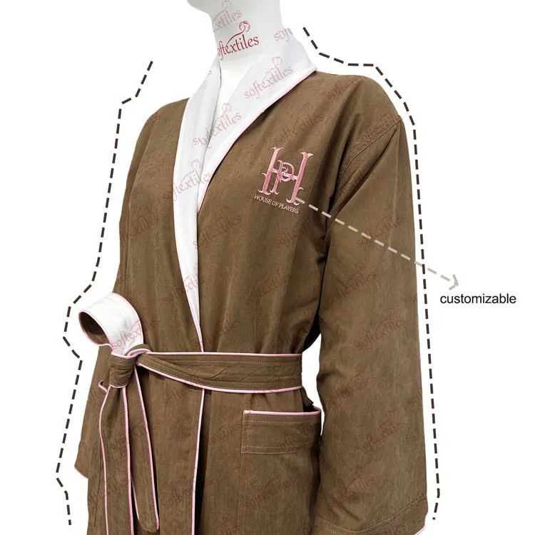 Brown Peach Skin Pink Striped Bathrobe - Right Side View, Polyester, Shawl Collar / Embroidered, Brown, 350GSM, Image 5
