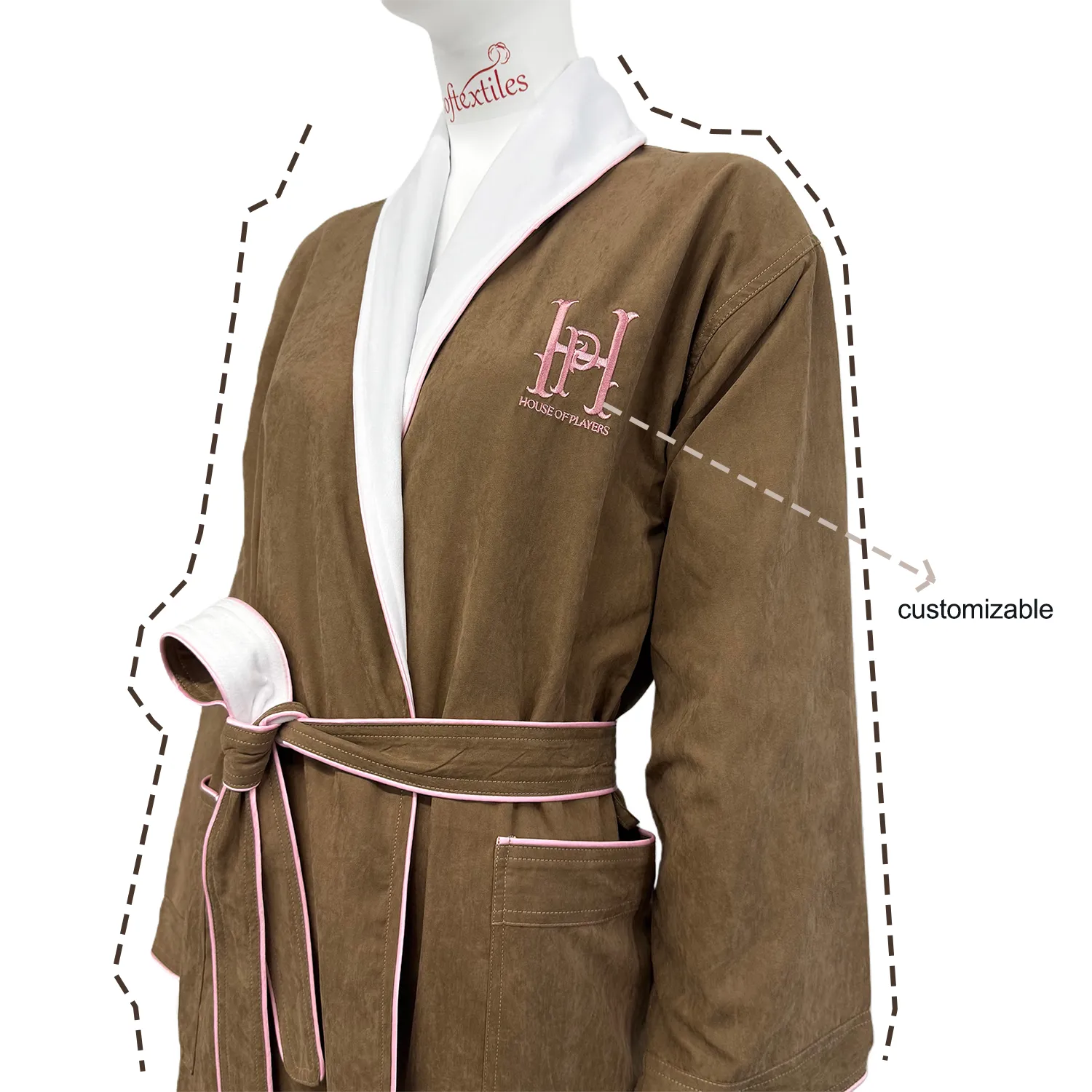 Brown Peach Skin Pink Striped Bathrobe - Right Side View, Polyester, Shawl Collar / Embroidered, Brown, 350GSM, Image 6
