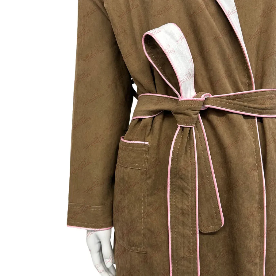 Brown Peach Skin Pink Striped Bathrobe - Detail View, Polyester, Shawl Collar / Embroidered, Brown, 350GSM, Image 4
