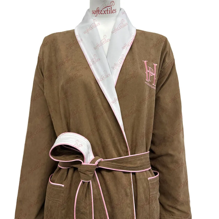 Brown Peach Skin Pink Striped Bathrobe - Collar Detail, Polyester, Shawl Collar / Embroidered, Brown, 350GSM, Image 7