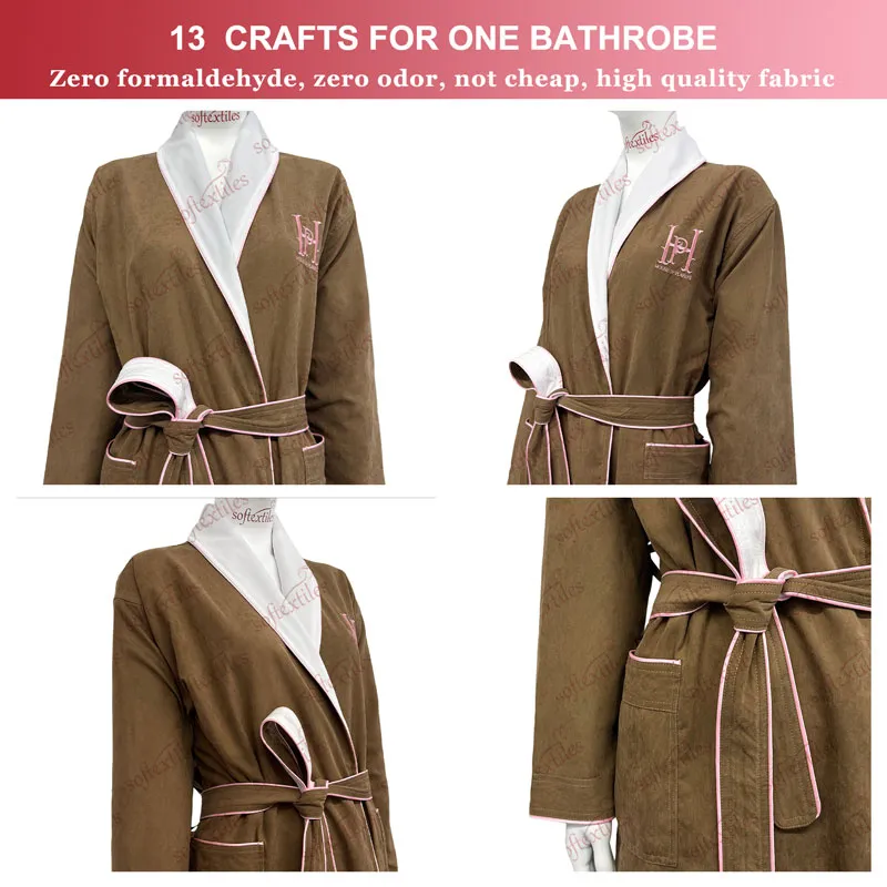 Brown Peach Skin Pink Striped Bathrobe - Detail View, Polyester, Shawl Collar / Embroidered, Brown, 350GSM, Image 8