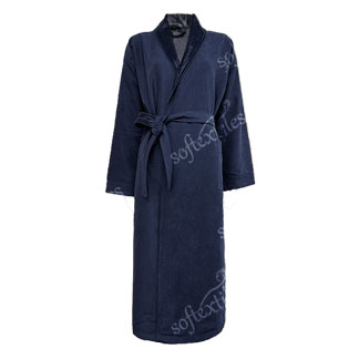 Dark Blue Peach Skin Bathrobe - Front View, Polyester, Shawl Collar, Blue, 350GSM, Image 1