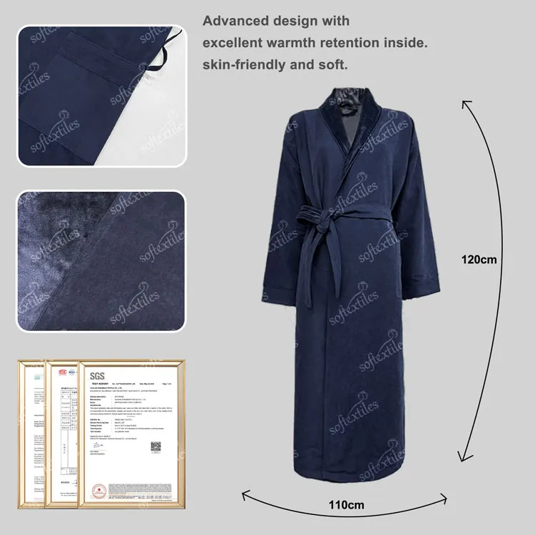 Dark Blue Peach Skin Bathrobe - Detail View, Polyester, Shawl Collar, Blue, 350GSM, Image 10