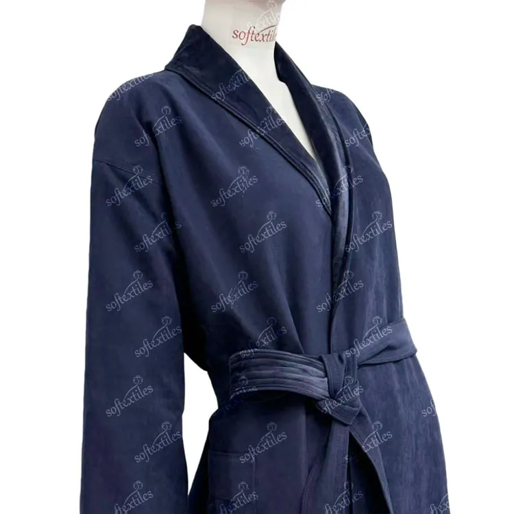 Dark Blue Peach Skin Bathrobe - Right Side View, Polyester, Shawl Collar, Blue, 350GSM, Image 2