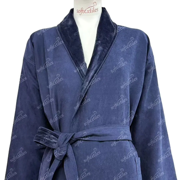 Dark Blue Peach Skin Bathrobe - Collar Detail, Polyester, Shawl Collar, Blue, 350GSM, Image 3