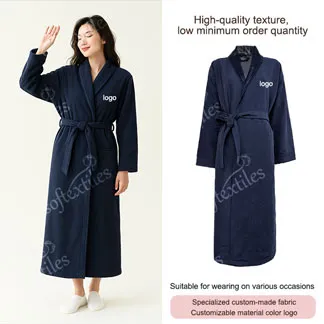 Dark Blue Peach Skin Bathrobe - Front View, Polyester, Shawl Collar, Blue, 350GSM, Image 4