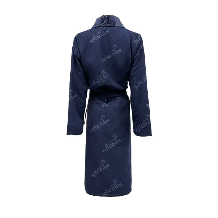 Dark Blue Peach Skin Bathrobe - Back View, Polyester, Shawl Collar, Blue, 350GSM, Image 5