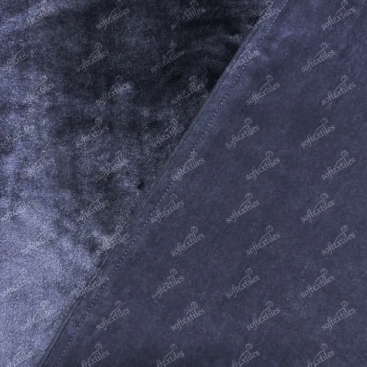 Dark Blue Peach Skin Bathrobe - Fabric Close-Up, Polyester, Shawl Collar, Blue, 350GSM, Image 6