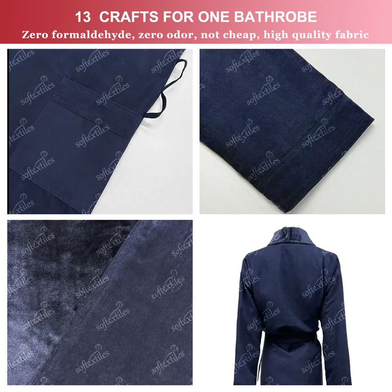 Dark Blue Peach Skin Bathrobe - Detail View, Polyester, Shawl Collar, Blue, 350GSM, Image 9