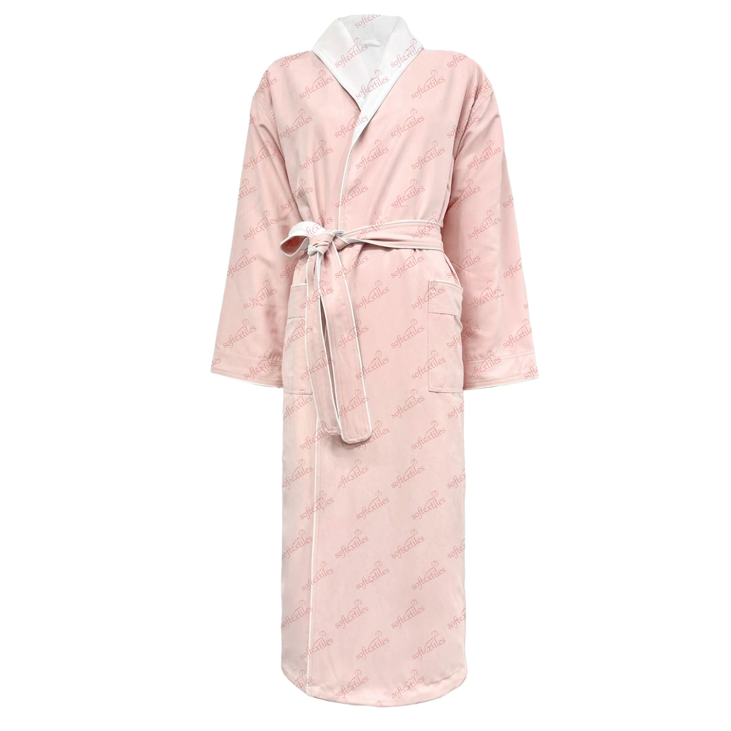 Pink Peach Skin Double Bathrobe - Front View, Polyester, Shawl Collar / Piped Trim, Pink, 350GSM, Image 1