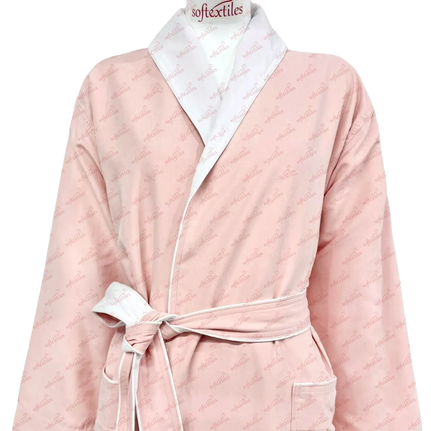 Pink Peach Skin Double Bathrobe - Collar Detail, Polyester, Shawl Collar / Piped Trim, Pink, 350GSM, Image 2
