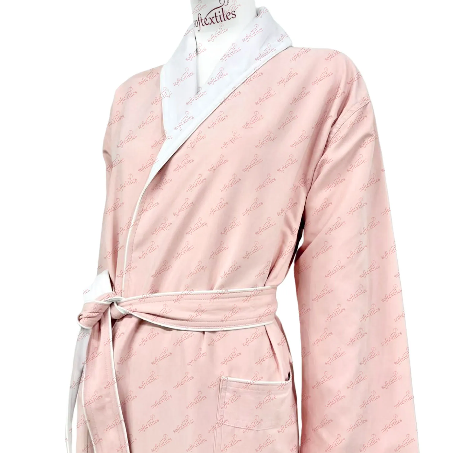 Pink Peach Skin Double Bathrobe - Right Side View, Polyester, Shawl Collar / Piped Trim, Pink, 350GSM, Image 3