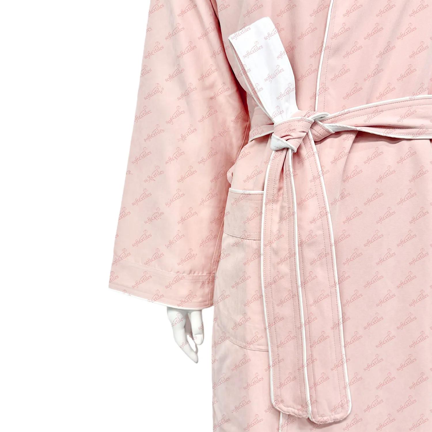 Pink Peach Skin Double Bathrobe - Detail View, Polyester, Shawl Collar / Piped Trim, Pink, 350GSM, Image 4