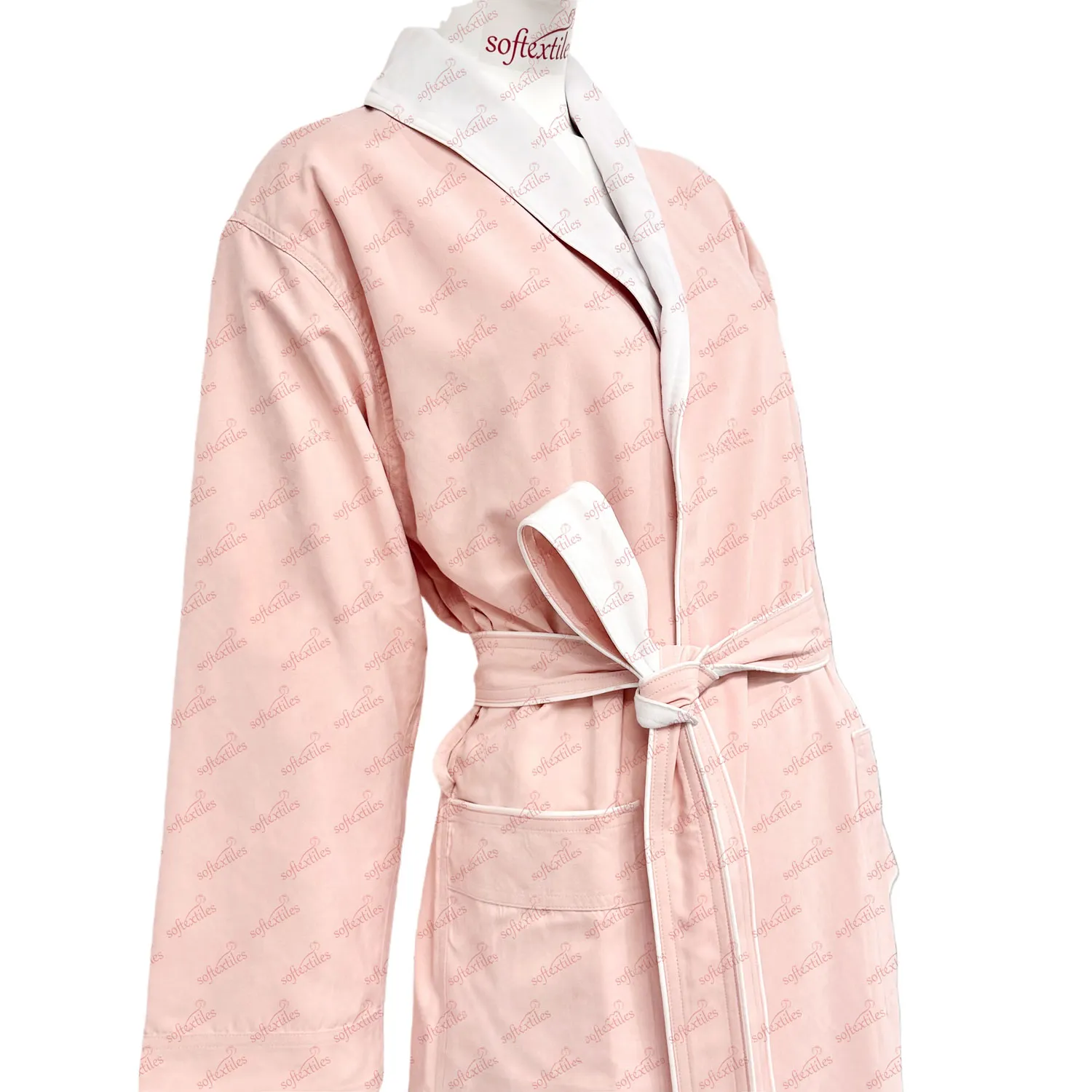 Pink Peach Skin Double Bathrobe - Left Side View, Polyester, Shawl Collar / Piped Trim, Pink, 350GSM, Image 5