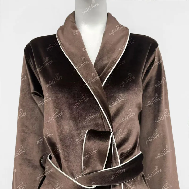Polyester Bathrobe - Collar Detail, Polyester, Shawl Collar / Piped Trim, Brown, 450GSM, Image 3