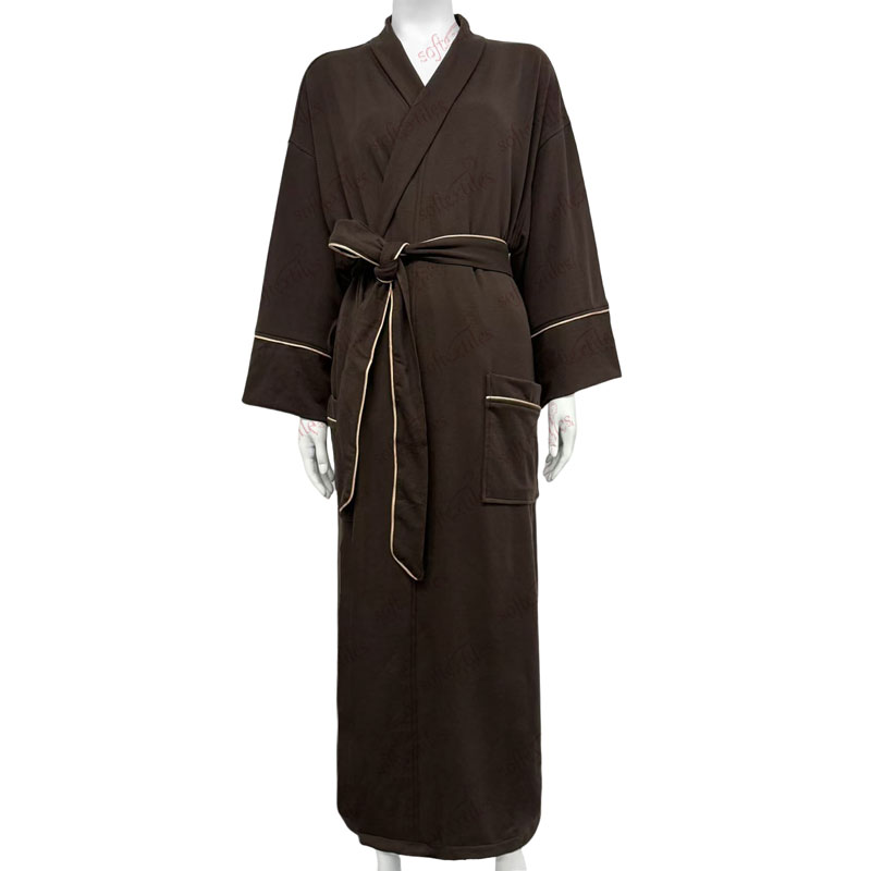 Brown White Contrast Trim Bathrobe - Front View, Cupro, Shawl Collar / Piped Trim, Grey, 280GSM, Image 1