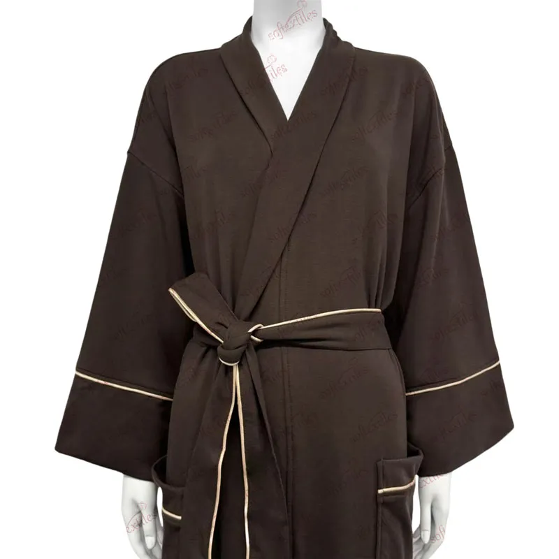 Brown White Contrast Trim Bathrobe - Collar Detail, Cupro, Shawl Collar / Piped Trim, Grey, 280GSM, Image 2