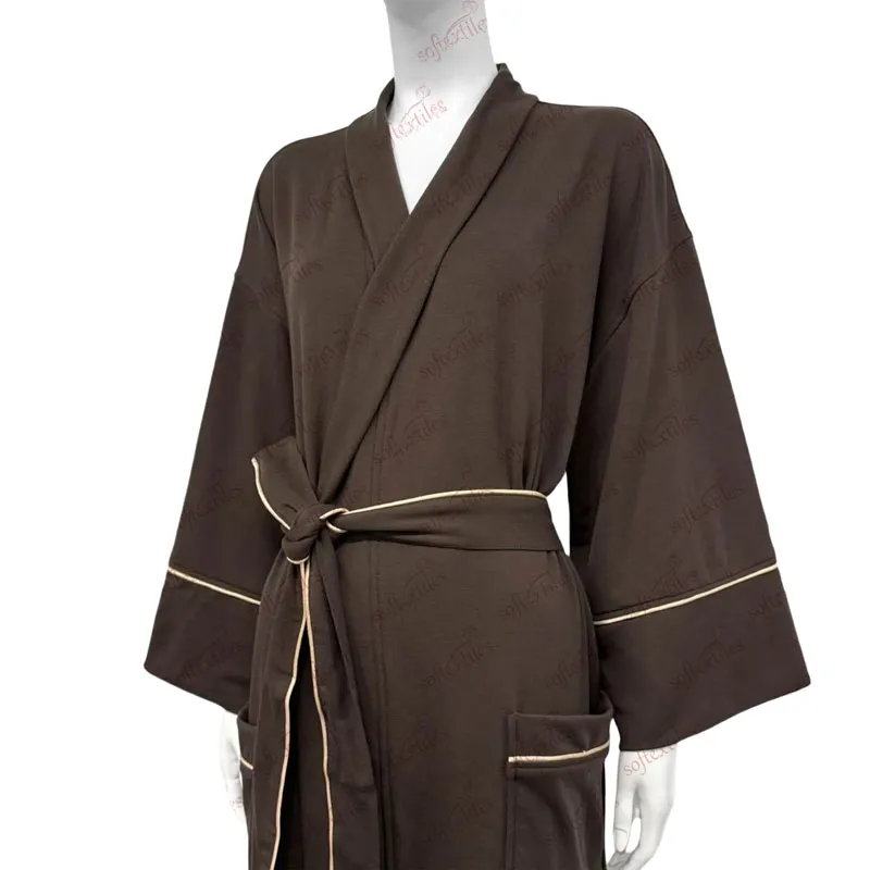 Brown White Contrast Trim Bathrobe - Detail View, Cupro, Shawl Collar / Piped Trim, Grey, 280GSM, Image 3